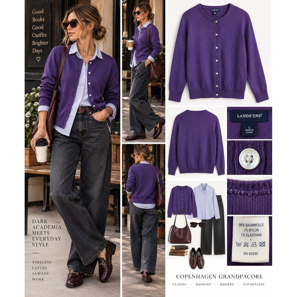 Lands' End Purple Cardigan L Cotton Dark Academia Copenhagen Grandpacore